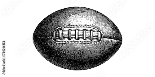 a vintage engraving of an american footballball, carve, football, illustration, image, rugby ball, white 