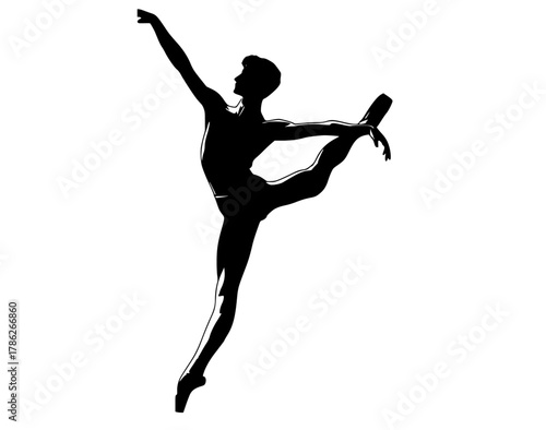 a silhouette of a male ballet dancer performing a split poseathletic, ballerina, ballet, ballet dancer, black, dance, dancer, girl, gymnast, jump, leotard, pose, profile, woman 