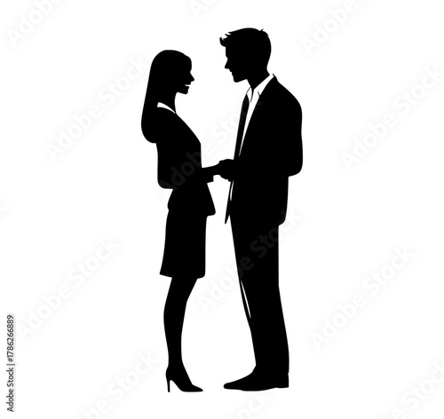 a silhouette of a man and a woman shaking handsblack, business suit, businessman, conversation, couple, hand, man, profile, stand, talk, woman 