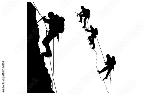 a group of silhouettes of climbers climbing up a steep cliffcliff, climb, climber, man, mountaineer, person, profile, rock climber, rock climbing, rope, stone, up 