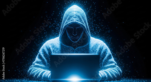 Hacker using laptop with abstract digital code to steal data in the dark cyberspace