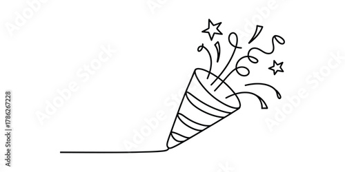 Line art illustration of a party popper bursting with confetti