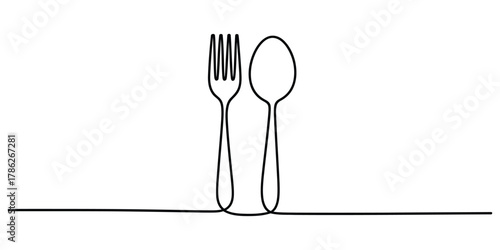 Continuous line art of a fork and spoon, minimalist dining
