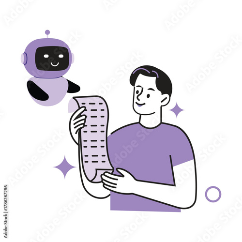 Robot and man collaborating on document review. features ai assistance for efficient task management, data analysis, automation, and optimizing business processes.
