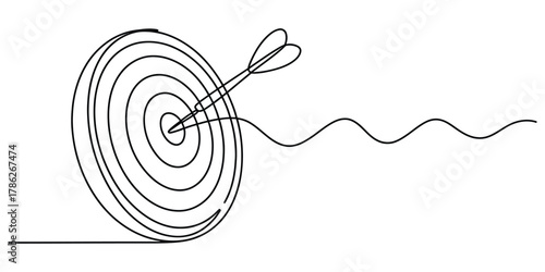 Continuous line art of target with dart hitting bullseye center