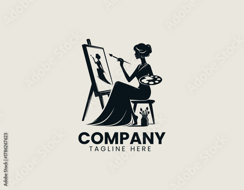 Elegant woman artist silhouette vector logo illustration seated at an easel painting with a brush and palette