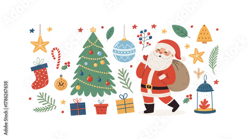 A colorful and festive Christmas vector illustration set featuring Santa Claus with a gift sack, Christmas trees decorated with ornaments and candy, wrapped presents, Cute Christmas Holiday Vector Set