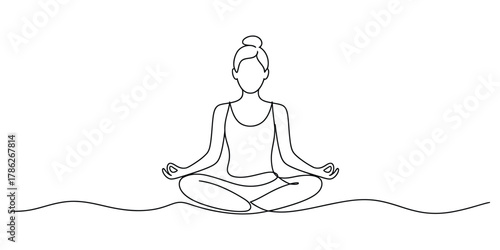 Minimalist continuous line drawing of woman meditating in lotus pose