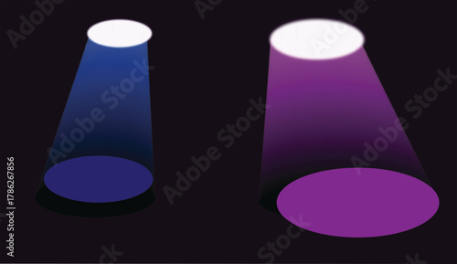The image features two spotlights positioned against a dark purple background, creating a dramatic visual effect.