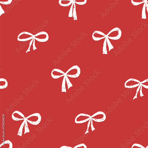 Festive White Bow Pattern on Red Background For Holiday Gift Wrap Design