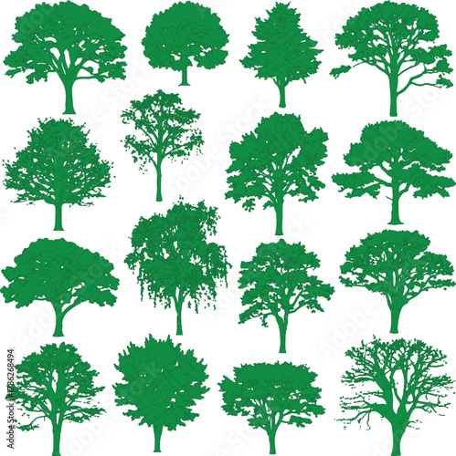The image presents a visually appealing grid of sixteen distinct trees, all depicted in vibrant shades of green.
