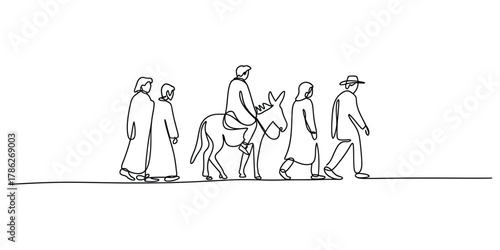 Continuous line drawing of people and a donkey on a long journey
