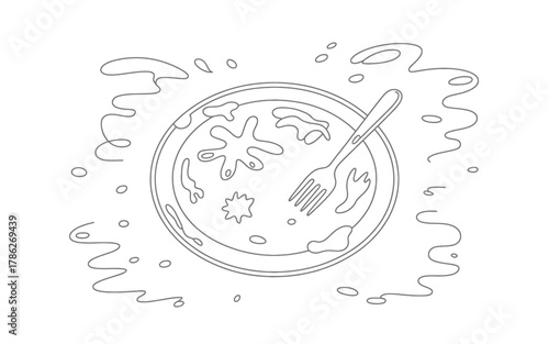 Leftover Food Messy Plate Fork Illustration for Childrens Book or Menu Card Line Art Style