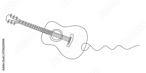 Continuous line drawing of acoustic guitar musical instrument