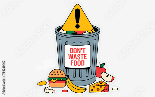 Stop Food Waste Illustration of a Full Trash Can Emphasizing the Importance of Reducing Food Waste for a Sustainable Future