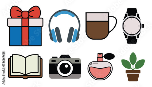 Gift Ideas Icon Set with Camera Watch and Book