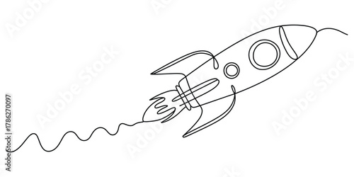 Continuous line art drawing of a rocket launching and flying upward