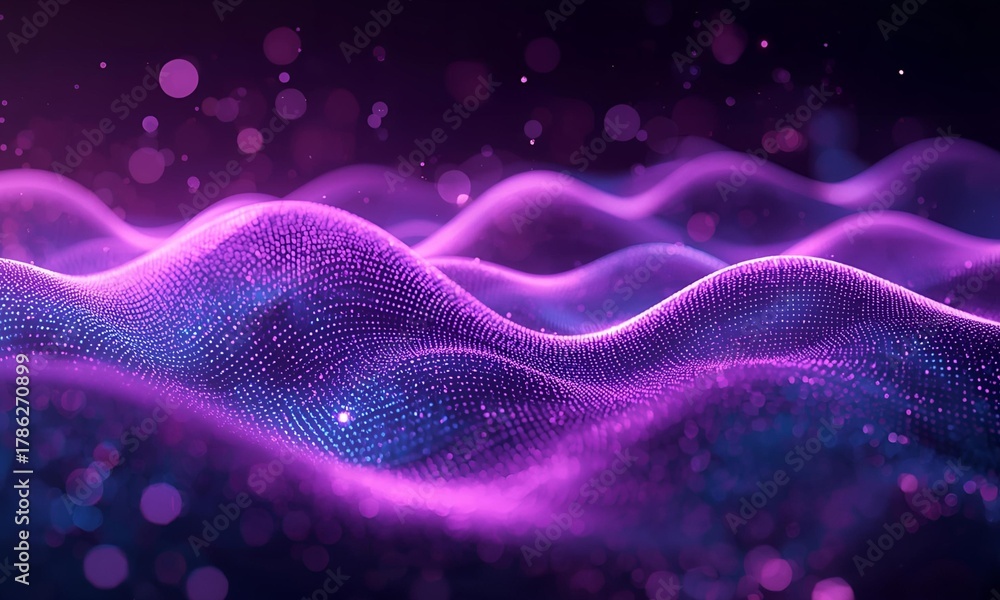 Fototapeta premium Abstract Futuristic Digital Waves Background with Glowing Purple and Blue Particles