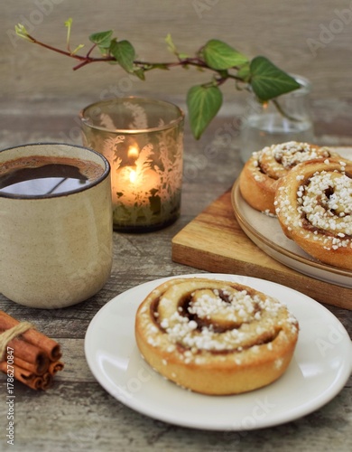 Cinnamon bun (kanelbulle).Traditional Scandinavian pastries.