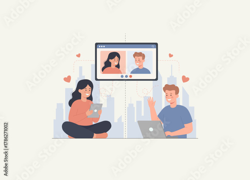  A young woman and a young man are shown communicating via a video call displayed on a large screen in the center, featuring their smiling faces.