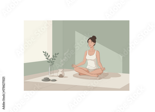 A woman with her hair in a bun is seated in the lotus position (Padmasana) on a cushion, wearing simple white attire, with her eyes closed in meditation.