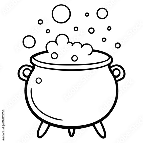 A simple black and white illustration of a cauldron with bubbling potion and rising bubbles, perfect for Halloween themes.