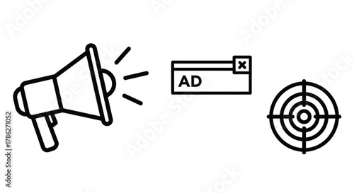 Illustration of marketing and advertising icons, including a megaphone, ad popup, and target