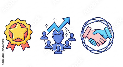 Illustration of a gold star badge, a group of people with an upward arrow, and a handshake, representing quality, teamwork, and partnership