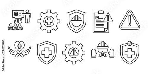 work safety icon set collection in outline style. Icon pack contains work safety, training, safety first, protection, regulation, hazards, health, insurance, risk, ppe (personal protective equipment),