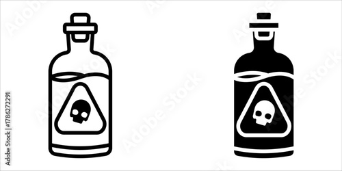 Poison icon set. Two minimalist line art illustrations of a poison bottle. Each bottle contains a triangular label with a skull symbol, isolated on a white background.