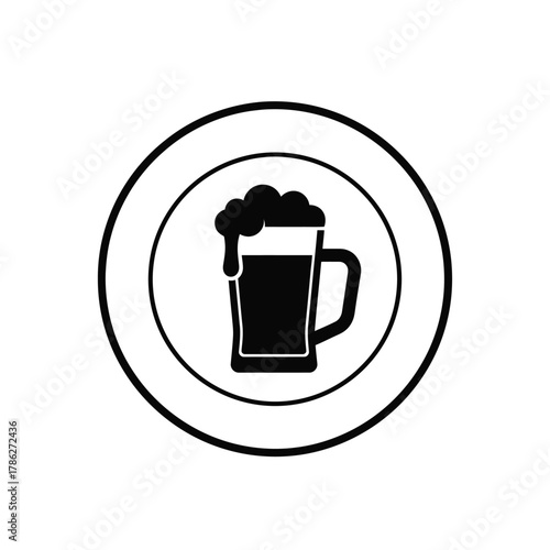 Black and white beer mug icon with foam drink beverage