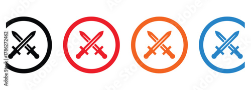 Dynamic crossed swords icons in black red orange and blue circles symbolizing conflict competition and combat ready for modern design projects and strategic planning