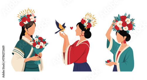 Set of three beautiful illustrations of elegant Asian women in traditional clothing, adorned with flowers and holding bouquets, representing beauty, nature, and cultural grace.