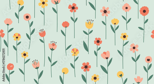 Charming seamless pattern of colorful wildflowers in pink, yellow, and red on a soft mint green background, creating a gentle and beautiful floral texture for spring.