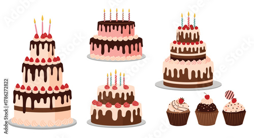 Festive collection of beautifully decorated birthday and celebration cakes and cupcakes with candles, chocolate drips, and berries, isolated on a clean white background for parties.