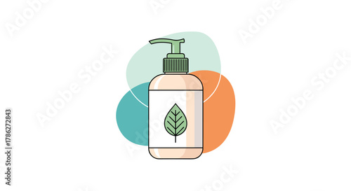 Modern flat icon of a cosmetic dispenser bottle with a green leaf on the label, set against abstract pastel shapes to symbolize natural and organic beauty products.