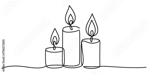 Minimalist three burning candles one line art design element