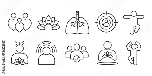 mindfulness icon set collection in outline style. Icon pack contains mindfulness, Compassion, Meditation, breathe,focus, balance, stress reduction, awareness,presence, body, soul