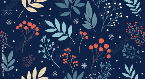 Elegant seamless winter pattern featuring stylized leaves, red berries, and snowflakes on a dark blue background, perfect for holiday-themed fabric and decor.