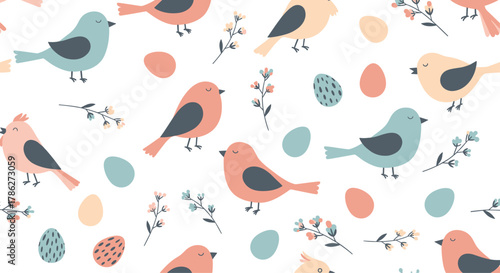 Sweet seamless Easter pattern with adorable pastel birds, decorated eggs, and little spring flowers, creating a festive and cheerful holiday background.