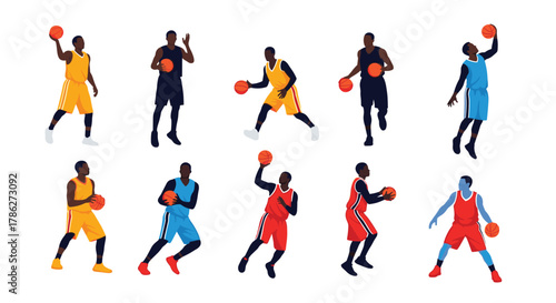 Dynamic collection of African American basketball players in various action poses, including dribbling, shooting, and dunking, isolated on a white background.