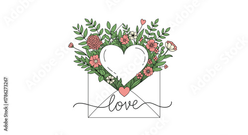 Romantic hand-drawn illustration of an open envelope with a floral heart bouquet inside and the word love in elegant calligraphy, perfect for Valentine's Day.