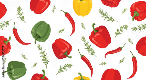 Vibrant seamless pattern with fresh red, yellow, and green bell peppers, spicy chili, and aromatic rosemary sprigs for a culinary-themed background.