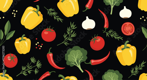 Colorful vegetables pattern on black background, healthy food.