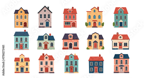 Large collection of colorful and diverse cartoon houses and apartment buildings, showcasing various architectural styles for real estate or cityscape design.