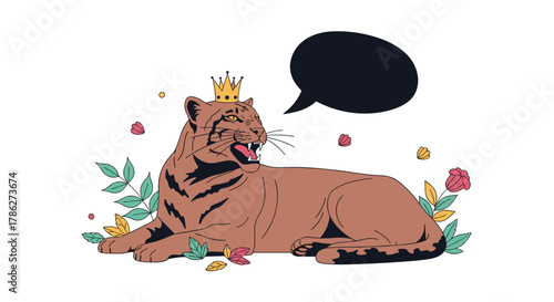 Majestic roaring tiger wearing a golden crown, lying gracefully among flowers with an empty speech bubble for text, illustrated in a modern flat style.