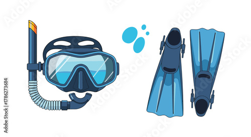 Complete set of blue snorkeling equipment, including a diving mask with a snorkel and a pair of swimming flippers, ready for a summer ocean adventure.