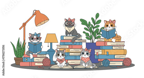 Adorable group of cartoon cats with glasses and bows reading intently while sitting on large stacks of books in a cozy, intellectual setting.