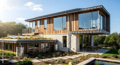 Modern Eco-Friendly House with Green Roof and Solar Panels