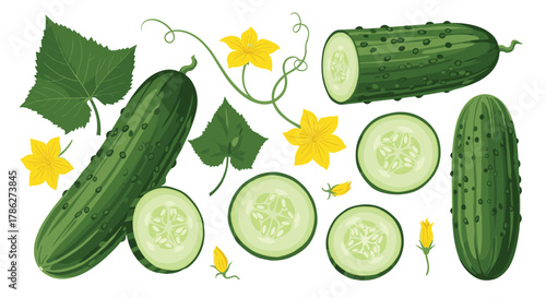 Detailed collection of fresh green cucumbers, including whole vegetables, round slices, leaves, and yellow flowers, all isolated on a white background.